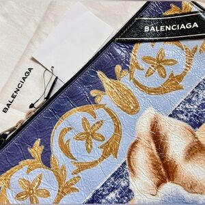Balenciaga Blue and Gold Floral Leather Clutch